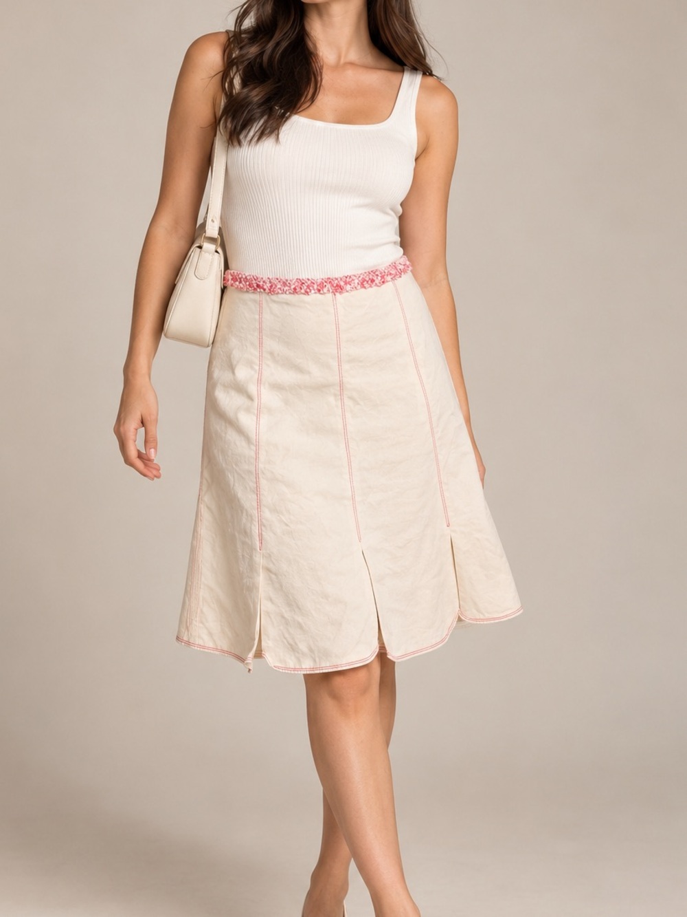 Lida Baday Cream A-Line Skirt with Pink Trim Feminine Quiet Luxury